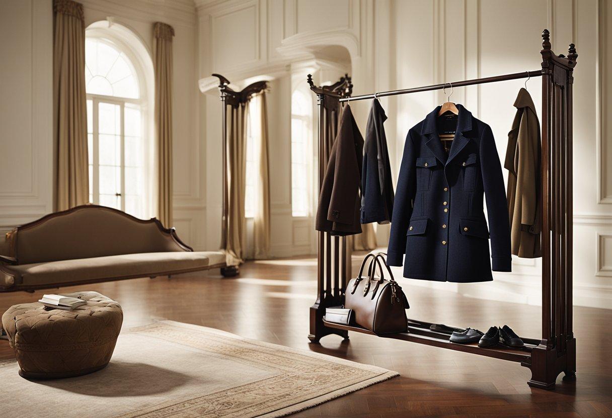 A classic Ralph Lauren jacket hangs on a wooden coat rack in a well-lit, spacious room with high ceilings and elegant decor